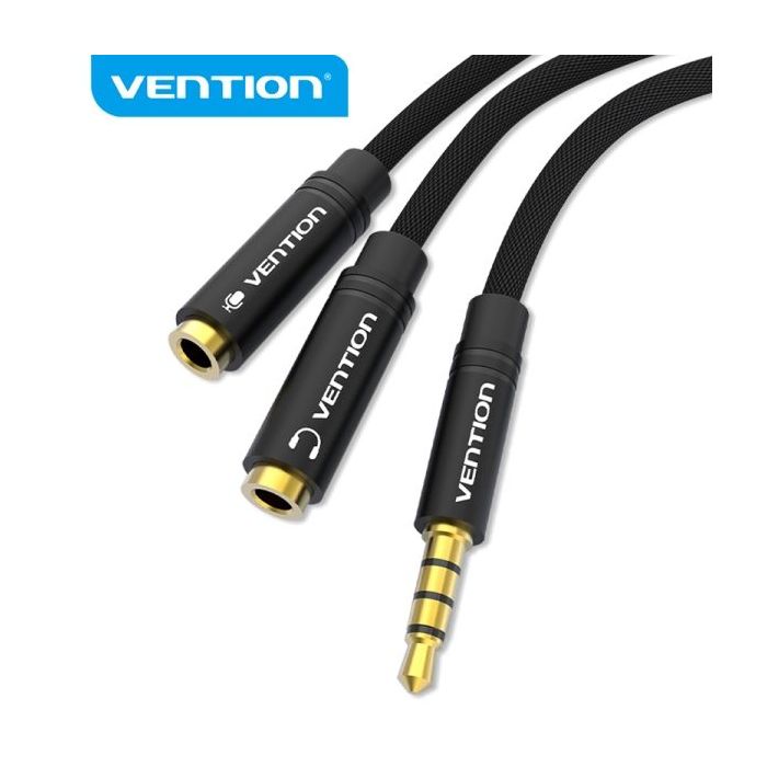 Vention Cable Divisor de Audio - Sincronizacion de Audio y Microfono - Tela Trenzada - Conector Escalonado - Color Negro