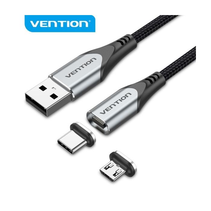 Vention CQMHD Cable USB-A 2.0 a Micro-B y USB-C Magnetico - Conectores Intercambiables - Transferencia 480 Mb/s - Color Gris