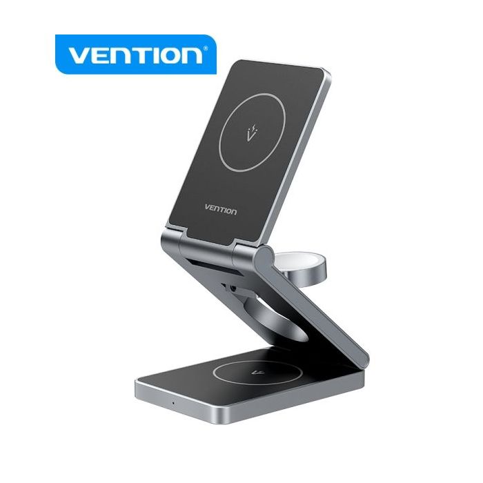 Vention Soporte Cargador Inalambrico 3 en 1 MagSafe - Carga Rapida 15W - Plegable 180° - Color Negro