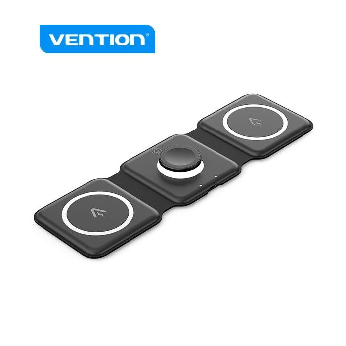 Vention FGG Plataforma de Carga Inalambrica 3 en 1 con MagSafe - Carga Rapida 15W - Luz Nocturna LED - Color Negro