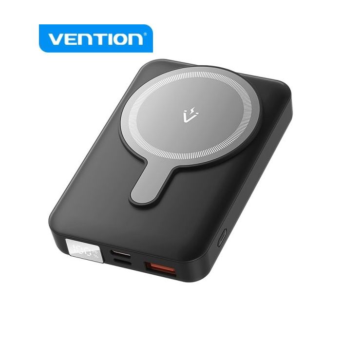 Vention Powerbank Inalambrico Magnetico 10000 mAh - Pantalla LED - Carga Rapida 22.5 W - USB-C/Lightning/USB-A - Color Negro