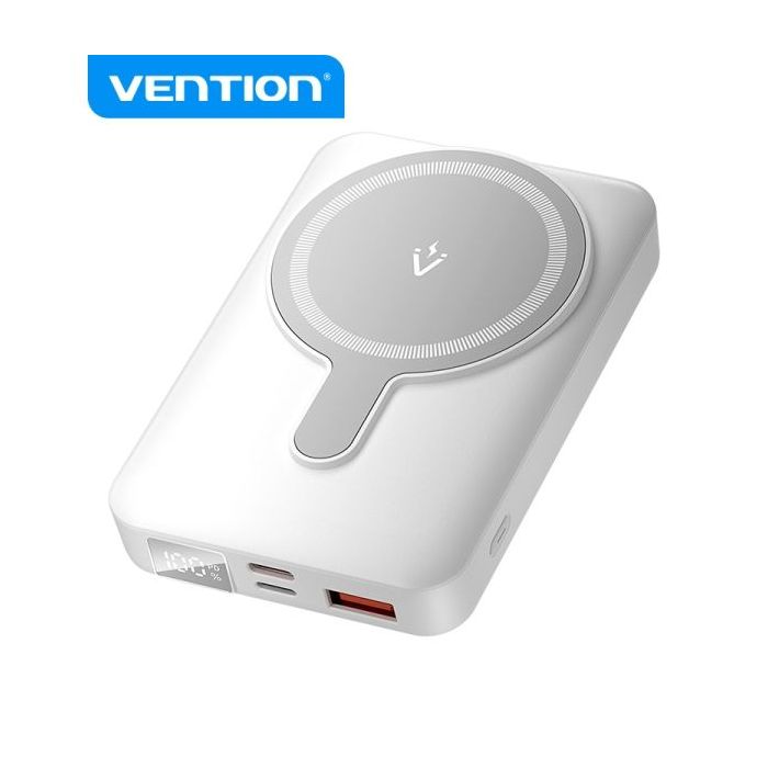 Vention Powerbank Inalambrico Magnetico 10000 mAh - Pantalla LED - Carga Rapida 22.5 W - USB-C/Lightning/USB-A - Color Blanco