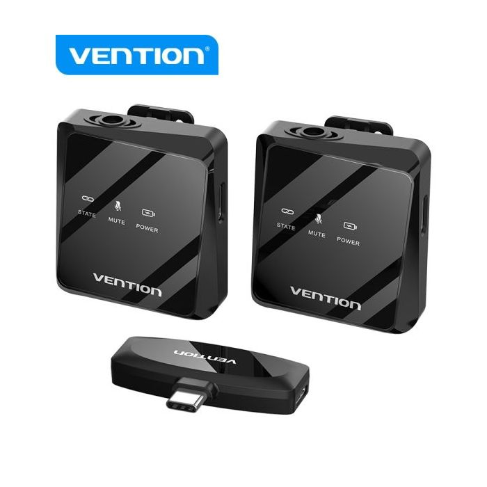 Vention Microfono Clip Inalambrico USB-C - Calidad de Audio 32 kHz - Latencia 20 ms - Bateria 26h - Rango 50m - Cancelacion de Ruido - Color Negro