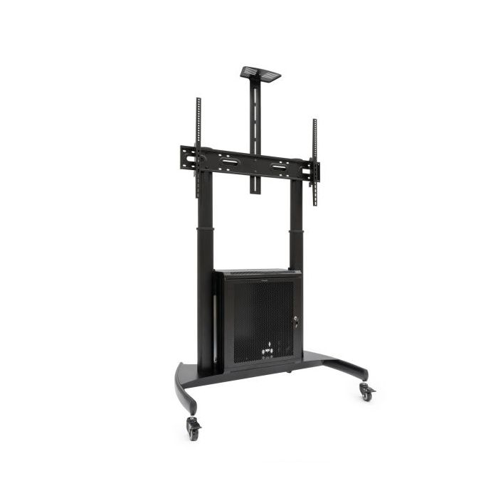 Tooq Narnia Soporte de Suelo con Ruedas para Pantallas de 60-100" - Armario Inferior y Bandeja Superior Regulable para Webcam - Ruedas con Sistema de Bloqueo - Peso Max 100kg - VESA Max 1000x600 - Color Negro