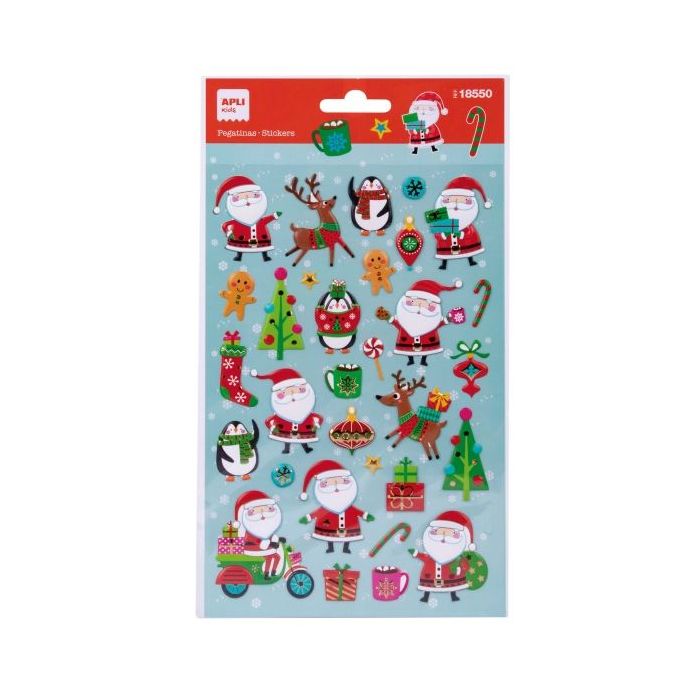 Apli Bolsa con 31 Pegatinas Navideñas Papa Noel - Adhesivo Permanente - Diseños Surtidos - Ideal para Decorar Regalos y Tarjetas