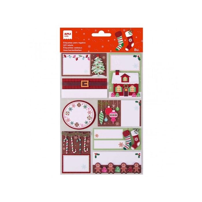 Apli Pack de 8 Etiquetas Adhesivas Navideñas para Regalos - Tamaños y Diseños Surtidos - Espacio para Escribir