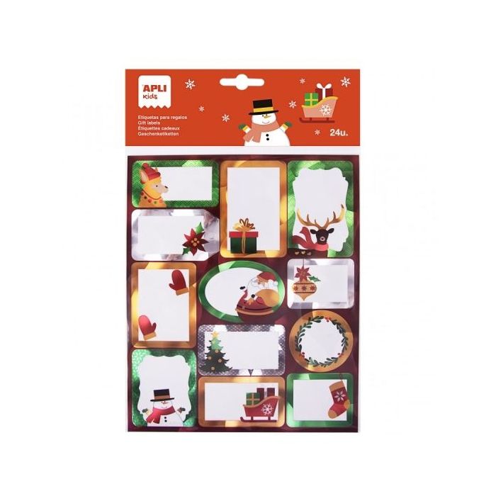Apli Pack de 24 Etiquetas Adhesivas Navideñas para Regalos - Tamaños y Diseños Surtidos - Espacio para Escribir
