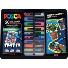 Posca Pop Colours Maleta Metalica con 20 Marcadores de Pintura - Surtido en Color y Trazo - Punta de Poliester - Tinta Pigmentada Base Agua - Resistente a la Luz - Colores Surtidos