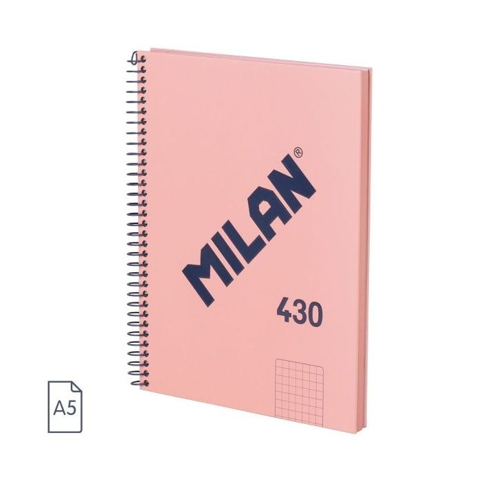 Milan Serie 1918 Cuaderno Espiral Formato A5 Cuadricula 5x5mm - 80 Hojas de 95 gr/m2 - Microperforado, 2 Taladros - Color Rosa