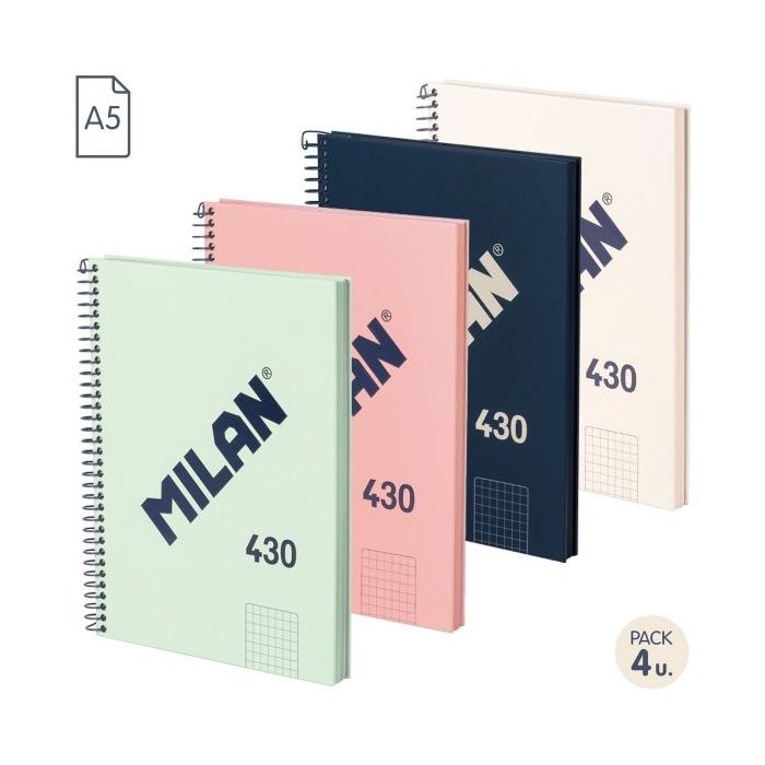 Milan Serie 1918 Pack de 4 Cuadernos Espiral Formato A5 Cuadricula 5x5mm - 80 Hojas de 95 gr/m2 - Microperforado, 2 Taladros - Colores Surtidos