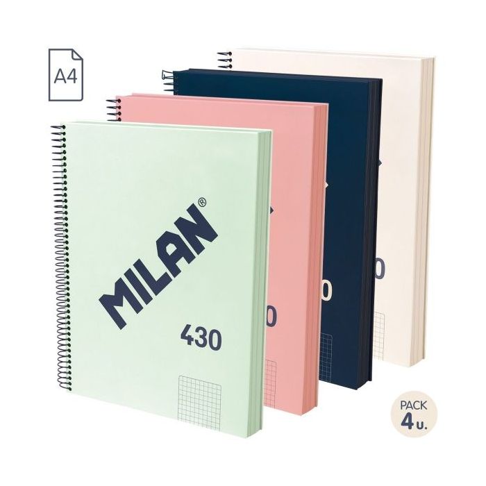 Milan Serie 1918 Pack de 4 Cuadernos Espiral Formato A4 Cuadricula 5x5mm - 120 Hojas de 95 gr/m2 - Microperforado, 4 Taladros - Colores Surtidos