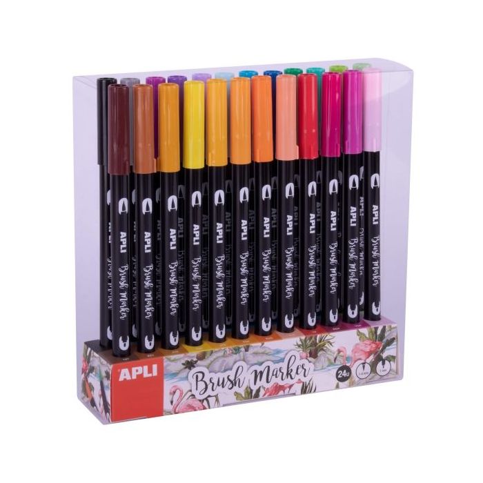 Apli Brush Marker Pack de 24 Rotuladores Acuarelables de Doble Punta - Punta Pincel de 1-4mm y Punta Redonda de 1mm - Tinta Base de Agua Inodora y No Toxica - Colores Surtidos
