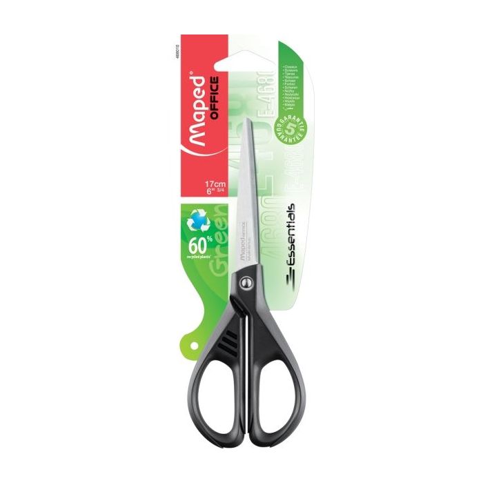 Maped Essentials Tijeras de Acero Inoxidable 17cm Simetricas - Hojas Afiladas - Mangos 60% de Plastico Recicldo - Color Negro