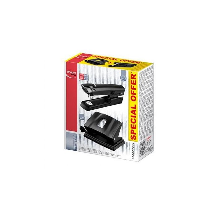 Maped Essentials Metal Pack de Grapadora Metalica E3543 + Taladro Metalico E4024 - Grapa hasta 25 Hojas a la Vez - Admite Grapas 24/6 y 26/6 - Perfora hasta 25 Hojas - Color Negro