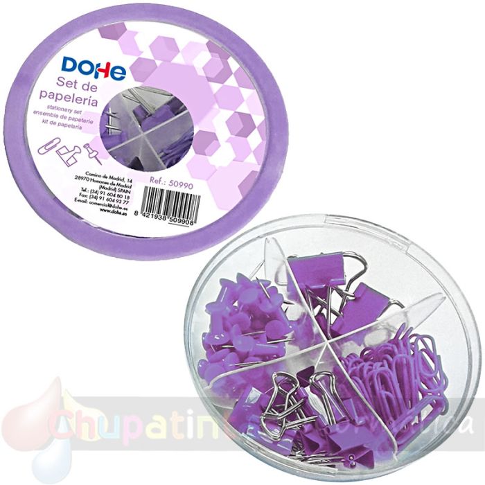 Dohe Combo Ovni Pack de Accesorios de Escritorio - Pinzas de 15mm, Clips y Push Pins - Color Morado