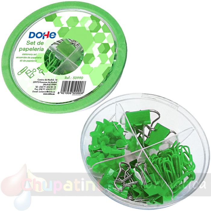 Dohe Combo Ovni Pack de Accesorios de Escritorio - Pinzas de 15mm, Clips y Push Pins - Color Verde