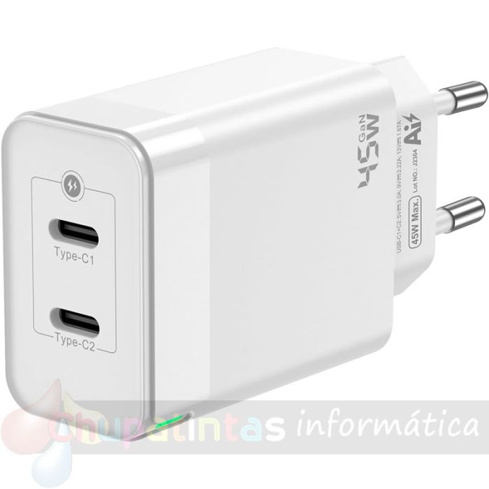 Aisens Cargador GAN 45W - 2xUSB-C PD3.0 QC4.0 - Color Blanco-1