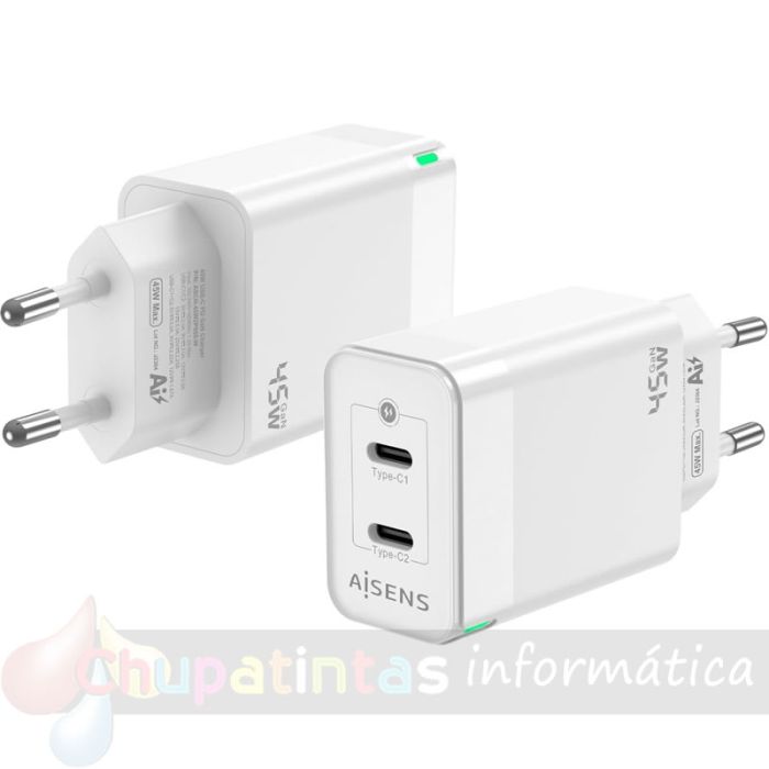 Aisens Cargador GAN 45W - 2xUSB-C PD3.0 QC4.0 - Color Blanco-3