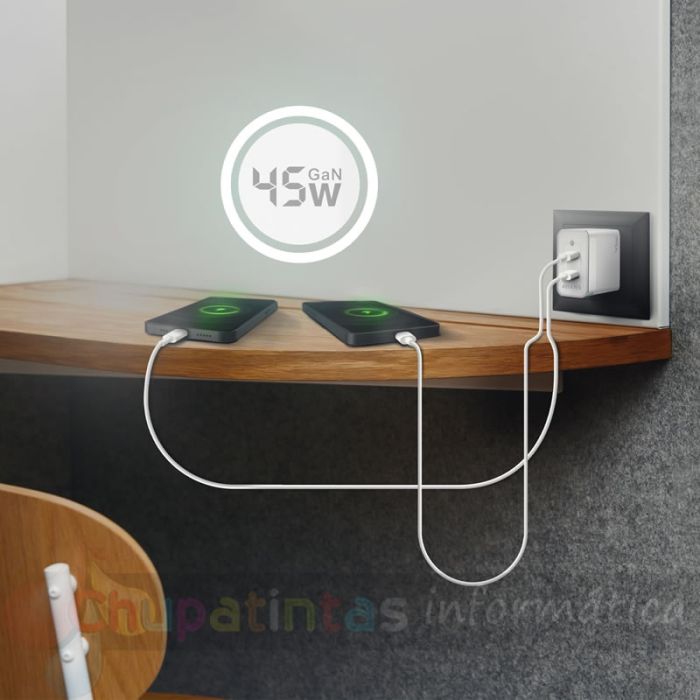 Aisens Cargador GAN 45W - 2xUSB-C PD3.0 QC4.0 - Color Blanco-5