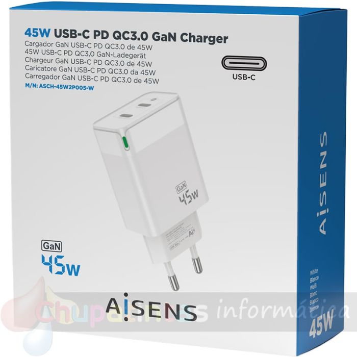 Aisens Cargador GAN 45W - 2xUSB-C PD3.0 QC4.0 - Color Blanco-7