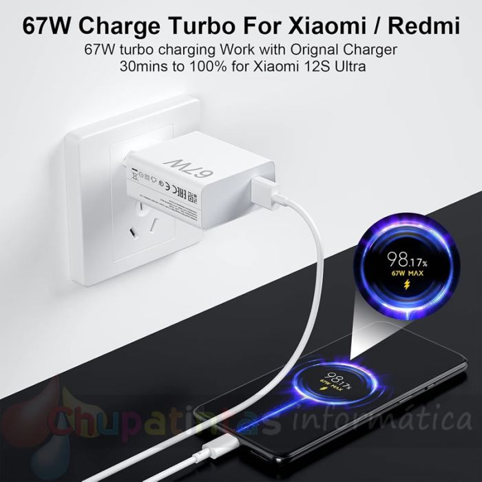Xiaomi 67W HyperCharge Combo Cargador de Pared para Smartphone USB-A 67W + Cable - Color Blanco-2