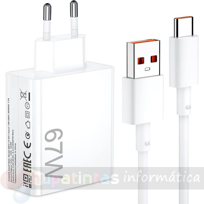 Xiaomi 67W HyperCharge Combo Cargador de Pared para Smartphone USB-A 67W + Cable - Color Blanco-1