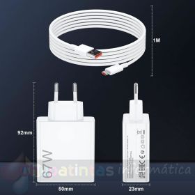 Xiaomi 67W HyperCharge Combo Cargador de Pared para Smartphone USB-A 67W + Cable - Color Blanco-3