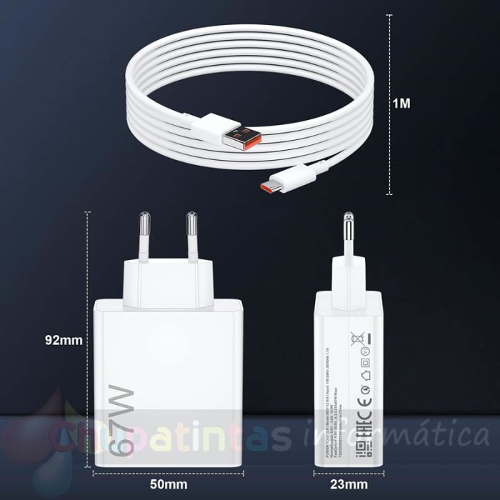 Xiaomi 67W HyperCharge Combo Cargador de Pared para Smartphone USB-A 67W + Cable - Color Blanco-3