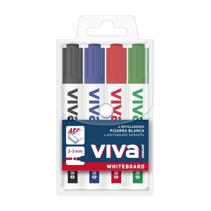 Molin Viva Pack de 4 Rotuladores para Pizarra Blanca - Punta Redonda de Fibra Sintetica - Trazo 3mm - Tinta con Base de Alcohol - Colores Surtidos