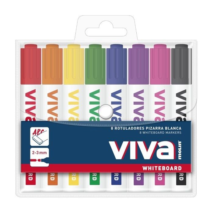 Molin Viva Pack de 8 Rotuladores para Pizarra Blanca - Punta Redonda de Fibra Sintetica - Trazo 3mm - Tinta con Base de Alcohol - Colores Surtidos