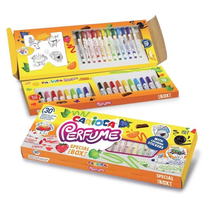 Carioca Perfume Pack de 30 Rotuladores Perfumados - 12 Punta Media, 10 Punta Maxi y 8 Punta Maxi y Punta con Sellos - Ideales para Dibujar y Colorear - Colores Surtidos
