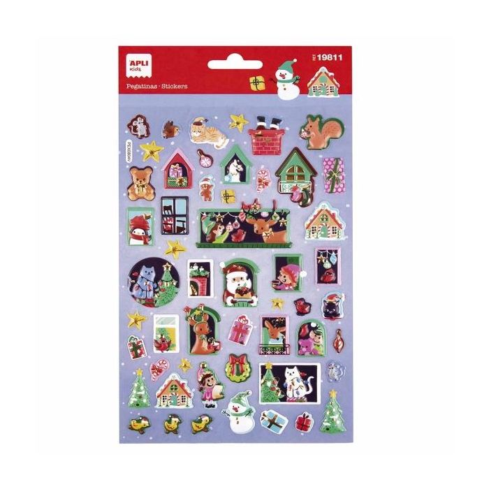 Apli Bolsa con 52 Pegatinas Navideñas Modelo Adviento Casa - Adhesivo Permanente - Motivos Navideños - Ideal para Decorar Regalos y Tarjetas