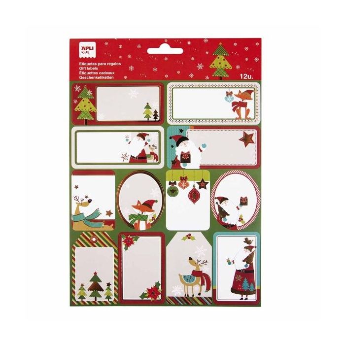 Apli Pack de 12 Etiquetas Adhesivas Navideñas para Regalos - Tamaños y Diseños Surtidos - Espacio para Escribir