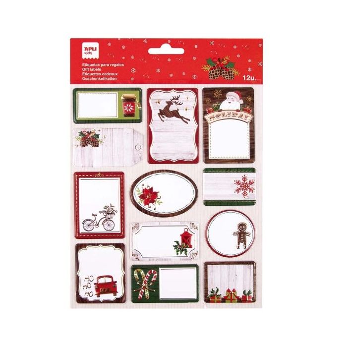Apli Pack de 12 Etiquetas Adhesivas Navideñas para Regalos - Tamaños y Diseños Surtidos - Espacio para Escribir