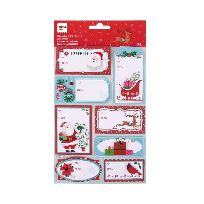 Apli Pack de 8 Etiquetas Adhesivas Navideñas para Regalos - Tamaños y Diseños Surtidos - Espacio para Escribir