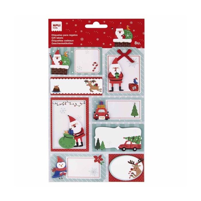 Apli Pack de 8 Etiquetas Adhesivas Navideñas para Regalos - Tamaños y Diseños Surtidos - Espacio para Escribir