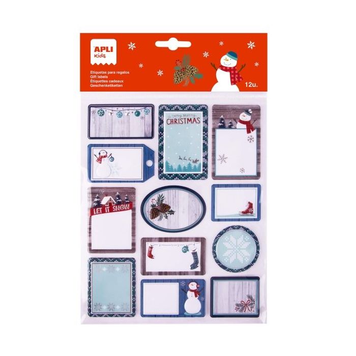 Apli Pack de 12 Etiquetas Adhesivas Navideñas para Regalos - Tamaños y Diseños Surtidos - Espacio para Escribir