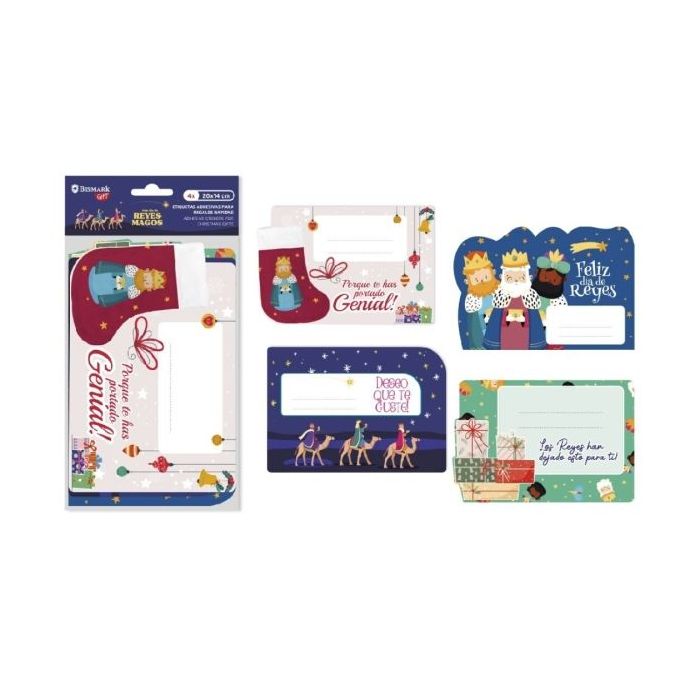 Bismark Pack de 4 Etiquetas Grandes Adhesivas para Regalos - Tematica Reyes Magos - Diseños Surtidos - Espacio para Escribir