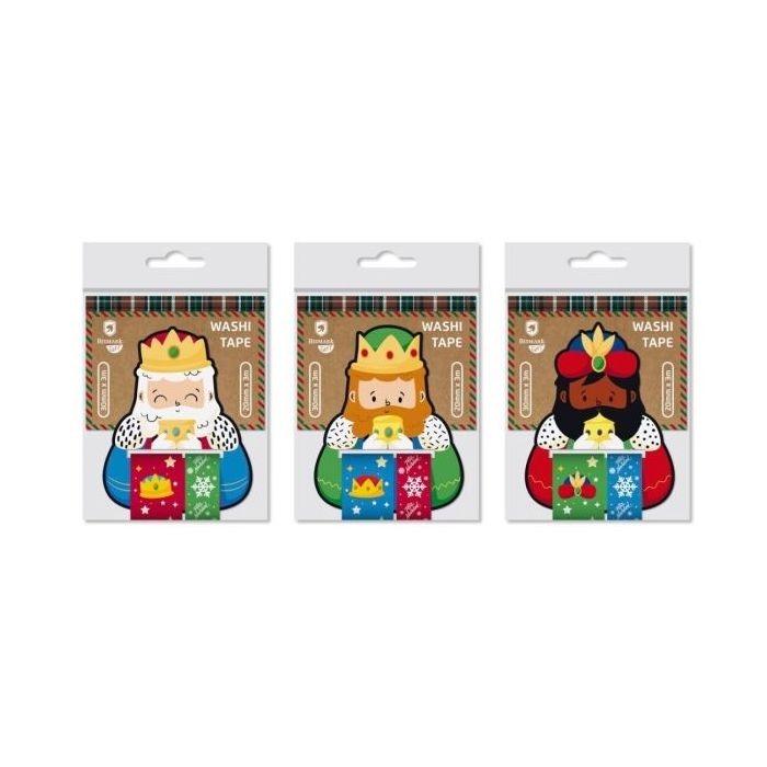 Bismark Pack de 2 Rollos de Cinta Washi-Tape Navideña para Regalos - Tematica Reyes Magos - Medidas 20mmx3m y 30mmx3m - 3 Diseños Aleatorios