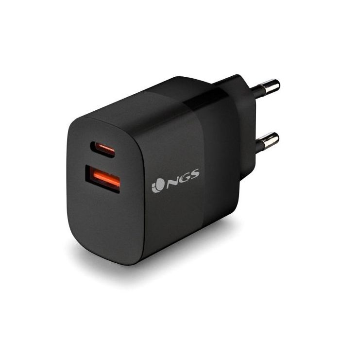 NGS Bud 45W Cargador Universal de Pared 45W Ultrarapido - 1x USB-C PD - PPS, 1x USB-A QC 3.0 - Color Negro