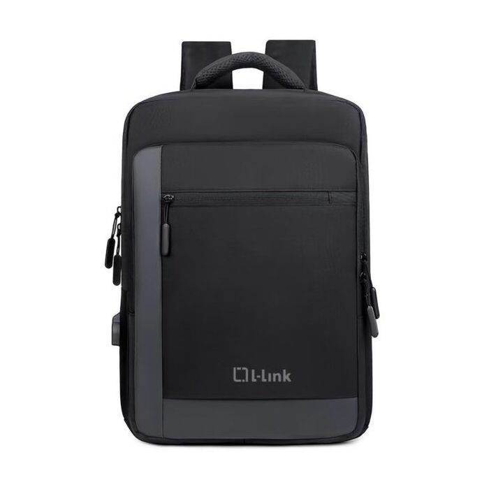 L-Link Mochila para Portatil 15.6" - Bolsillo Exterior - Puerto USB Exterior para Carga - Interior Compartimentado - Cobertura Exterior Repelente a Agua - Color Negro/Gris