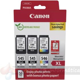 Canon PG-545XL/CL-546XL Multipack de 3 Cartuchos de Tinta Originales + 50 Hojas Papel Fotográfico - 8286B015-1