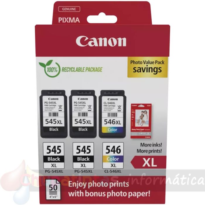 Canon PG-545XL/CL-546XL Multipack de 3 Cartuchos de Tinta Originales + 50 Hojas Papel Fotográfico - 8286B015-1