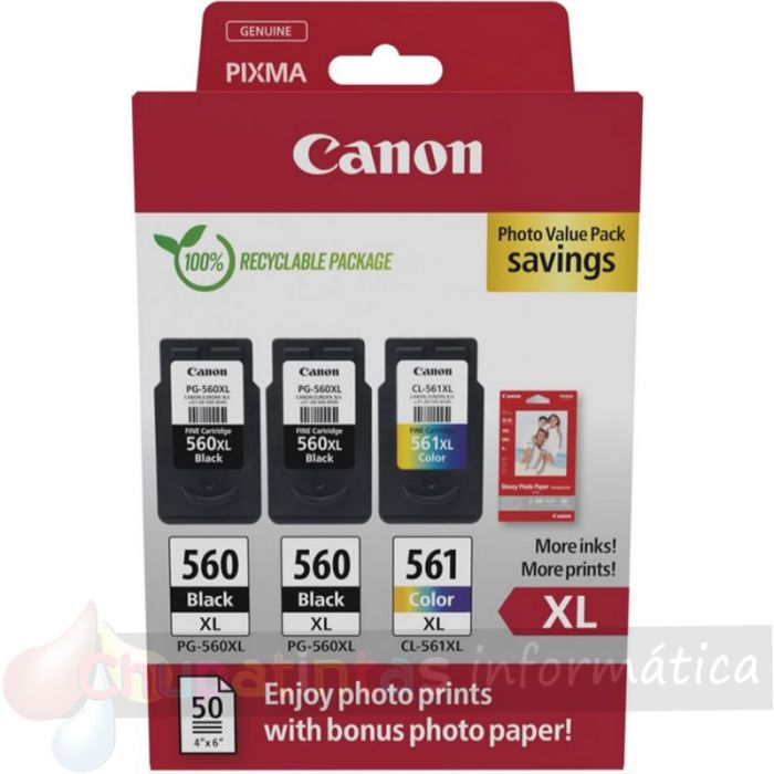 Canon PG-560XL/CL-561XL Pack de 3 Cartuchos de Tinta Originales + Papel Fotográfico Brillante GP-501 - 3712C012-1
