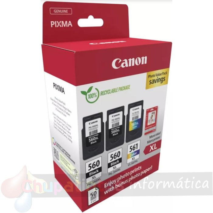 Canon PG-560XL/CL-561XL Pack de 3 Cartuchos de Tinta Originales + Papel Fotográfico Brillante GP-501 - 3712C012-2