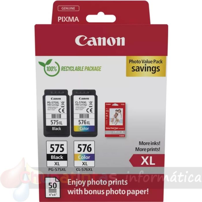 Canon PG575XL/CL576XL Multipack de 2 Cartuchos de Tinta Originales + 50 Hojas de Papel Fotográfico - 5437C006-1