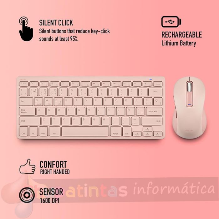 NGS Fantasy Pack Teclado Compacto Silencioso + Ratón Silencioso 1600dpi 5 Botones - Conexión 2,4GHz, BT1 y BT2 - Color Rosa-4