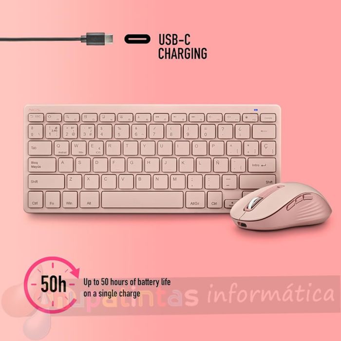 NGS Fantasy Pack Teclado Compacto Silencioso + Ratón Silencioso 1600dpi 5 Botones - Conexión 2,4GHz, BT1 y BT2 - Color Rosa-5