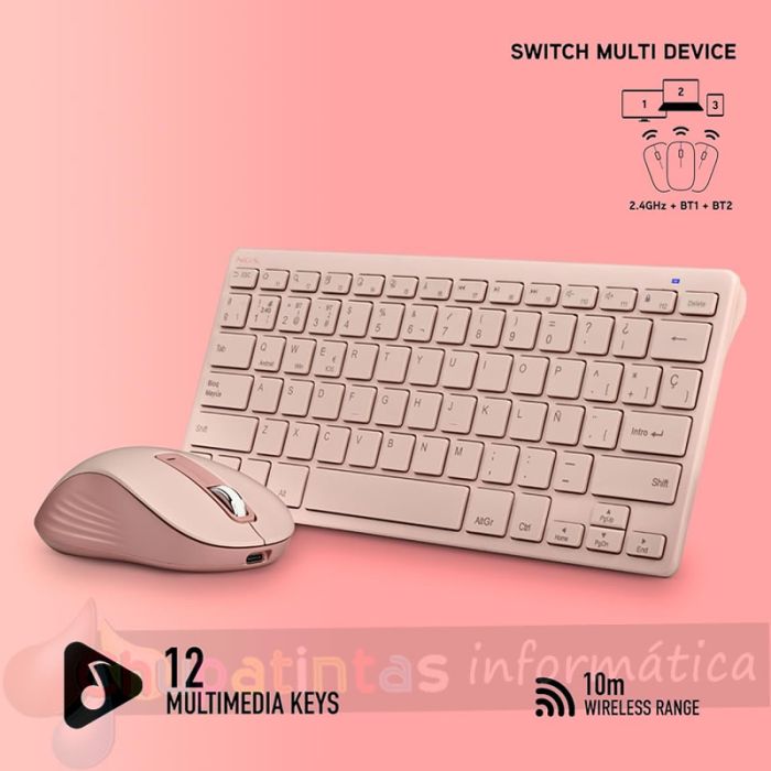 NGS Fantasy Pack Teclado Compacto Silencioso + Ratón Silencioso 1600dpi 5 Botones - Conexión 2,4GHz, BT1 y BT2 - Color Rosa-6
