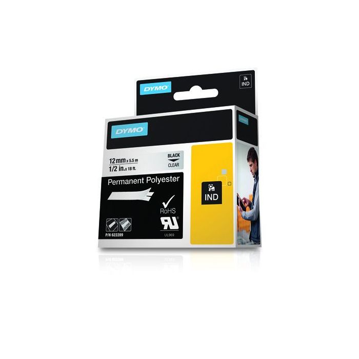 Dymo Rhino ID1-12 Cinta de Etiquetas Original para Rotuladora - Texto Negro sobre Fondo Transparente - Ancho 12mm x 5.5 metros - 622289